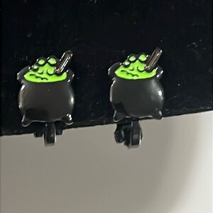 Adorable, black and green witches cauldron clip on earrings